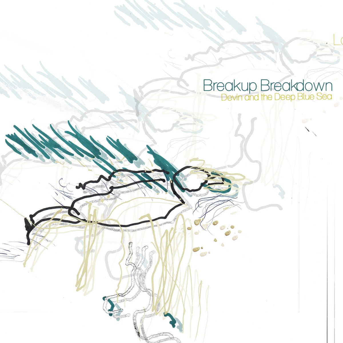 Album cover for Breakup Breakdown with sparse teal, gray, black, and muted olive sketch marks on a white field.